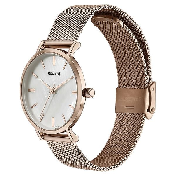 Sonata 87067WM01 Quartz Analog White Dial Rose Gold Stainless Steel Strap Watch for Women