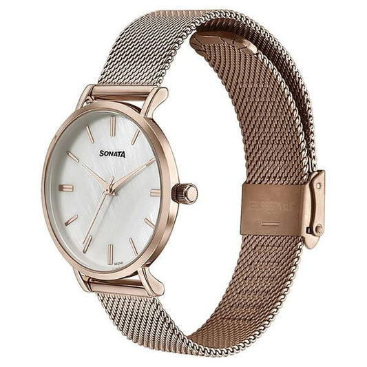 Sonata 87067WM01 Quartz Analog White Dial Rose Gold Stainless Steel Strap Watch for Women