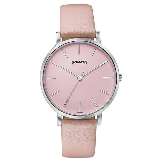 Sonata 87073SL02 Pastel Play Quartz Analog Pink Dial Pink Leather Strap Women's Watch