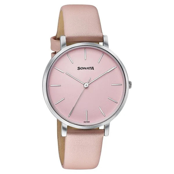 Sonata 87073SL02 Pastel Play Quartz Analog Pink Dial Pink Leather Strap Women's Watch
