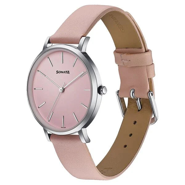 Sonata 87073SL02 Pastel Play Quartz Analog Pink Dial Pink Leather Strap Women's Watch