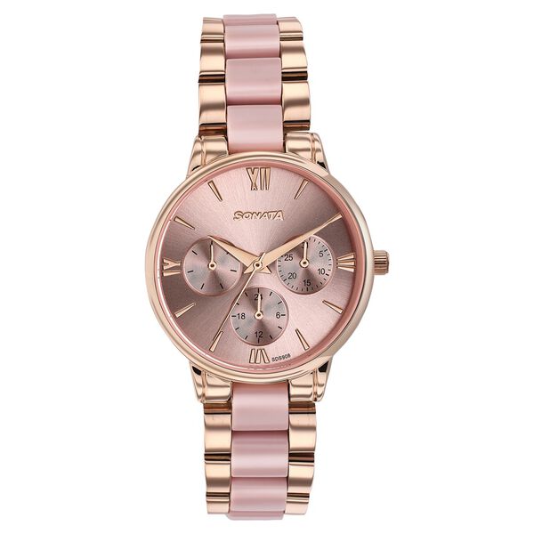 Sonata 87107KD02 Festive 2.0 Quartz Multifunction Pink Dial Two-Tone Acetate & Metal Strap Women's Watch