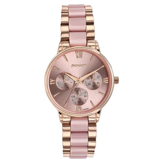 Sonata 87107KD02 Festive 2.0 Quartz Multifunction Pink Dial Two-Tone Acetate & Metal Strap Women's Watch