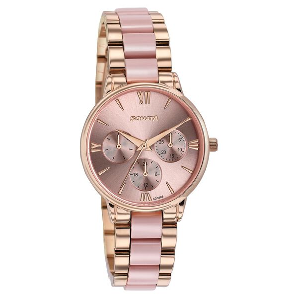 Sonata 87107KD02 Festive 2.0 Quartz Multifunction Pink Dial Two-Tone Acetate & Metal Strap Women's Watch