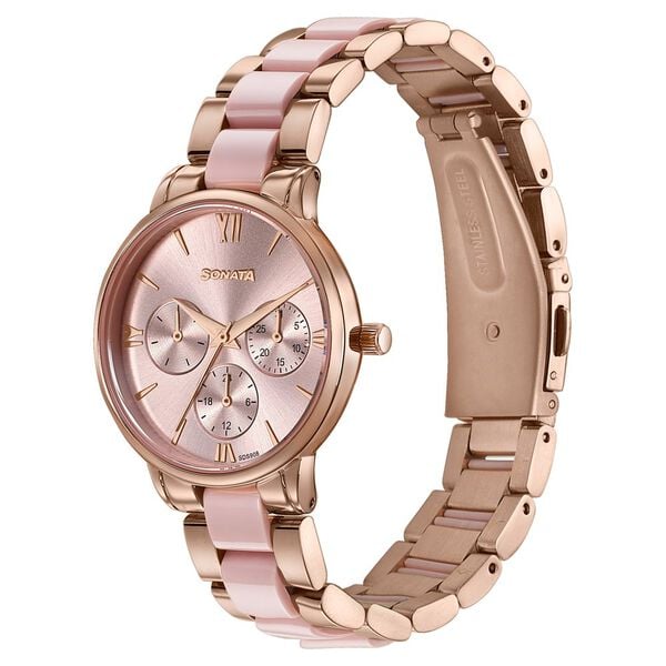 Sonata 87107KD02 Festive 2.0 Quartz Multifunction Pink Dial Two-Tone Acetate & Metal Strap Women's Watch