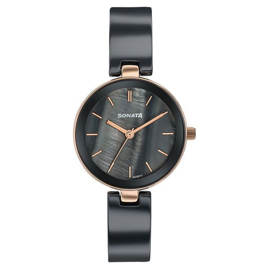 Sonata 87109KD02W Festive Quartz Analog Black Dial Two-Tone Ceramic & Metal Strap Women's Watch