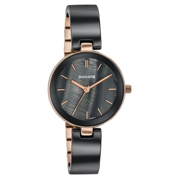 Sonata 87109KD02W Festive Quartz Analog Black Dial Two-Tone Ceramic & Metal Strap Women's Watch
