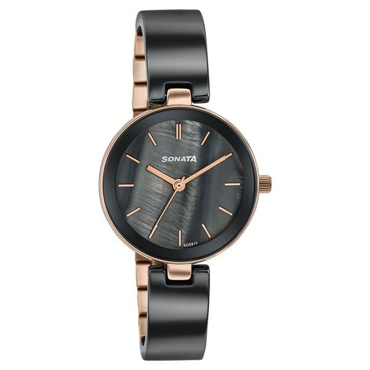 Sonata 87109KD02W Festive Quartz Analog Black Dial Two-Tone Ceramic & Metal Strap Women's Watch