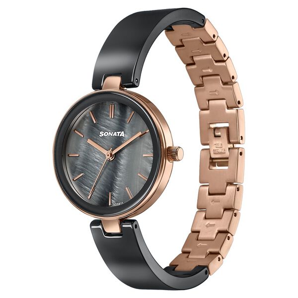 Sonata 87109KD02W Festive Quartz Analog Black Dial Two-Tone Ceramic & Metal Strap Women's Watch