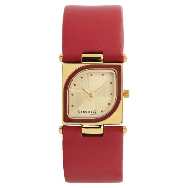 Sonata 8919YL04 Quartz Analog Champagne Dial Red Leather Strap Women’s Watch