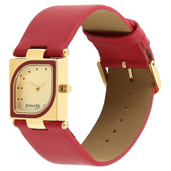 Sonata 8919YL04 Quartz Analog Champagne Dial Red Leather Strap Women’s Watch