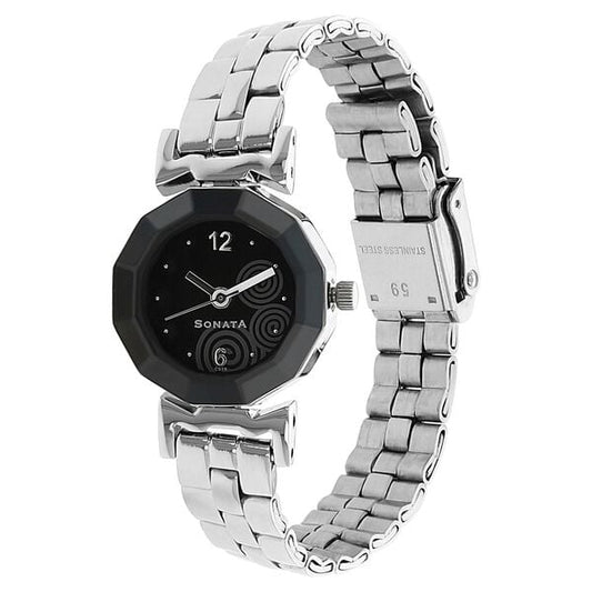 Sonata 8943SM01 Quartz Analog Black Dial Metal Strap Watch for Women