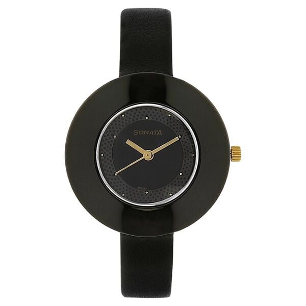 Sonata 8959NL01 Analog Quartz Women Black Dial Black Leather Strap Watch