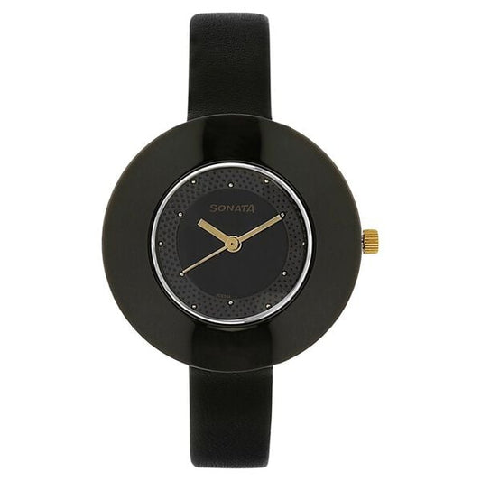 Sonata 8959NL01 Analog Quartz Women Black Dial Black Leather Strap Watch