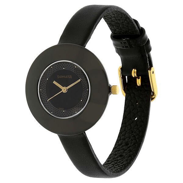Sonata 8959NL01 Analog Quartz Women Black Dial Black Leather Strap Watch