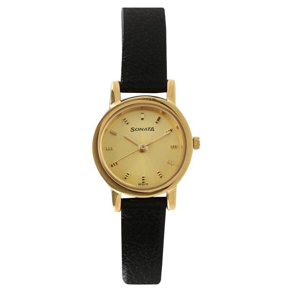 Sonata 8976YL01W Quartz Analog Champagne Dial Leather Strap Watch for Women (Women)