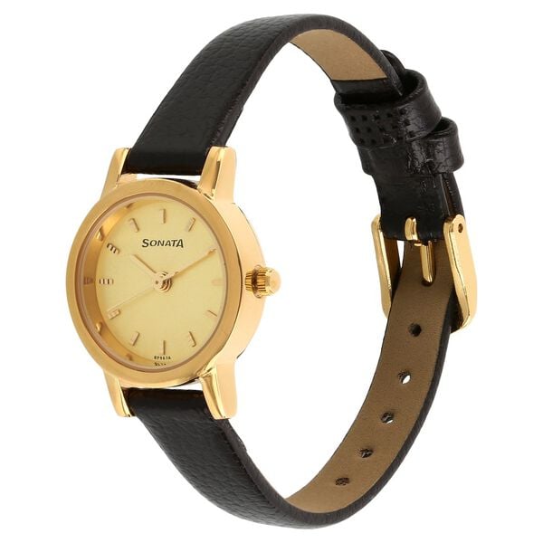 Sonata 8976YL01W Quartz Analog Champagne Dial Leather Strap Watch for Women (Women)