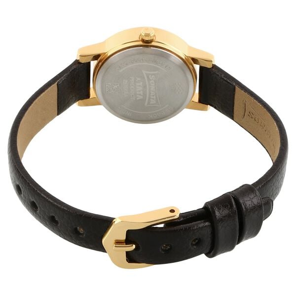 Sonata 8976YL01W Quartz Analog Champagne Dial Leather Strap Watch for Women (Women)