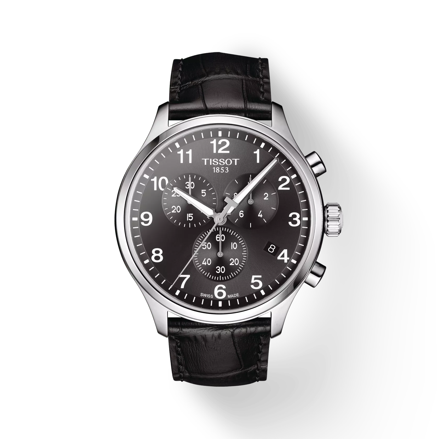 Tissot T1166171605700 Black Dial Men’s Swiss Quartz Chronograph Watch – Stainless Steel Case, Black Leather Strap, Sapphire Crystal
