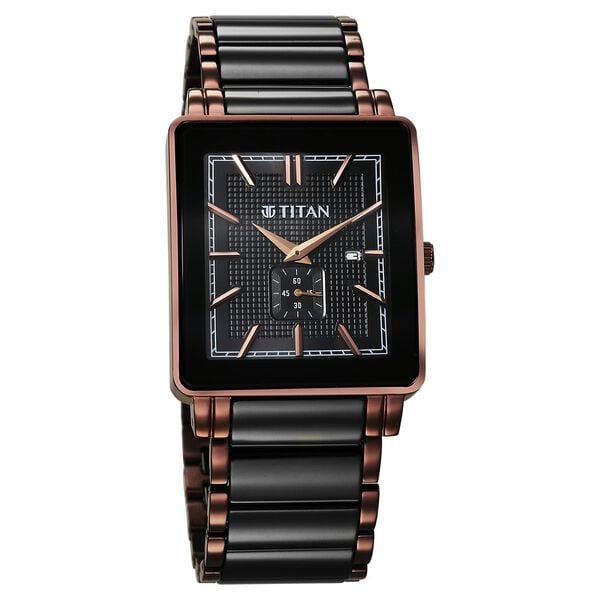 Titan 90013KD06 Regalia Shaped Ceramic Quartz Analog Watch for Men – Black Ceramic & Steel Bracelet, Black Dial, Date Function