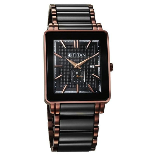 Titan 90013KD06 Regalia Shaped Ceramic Quartz Analog Watch for Men – Black Ceramic & Steel Bracelet, Black Dial, Date Function