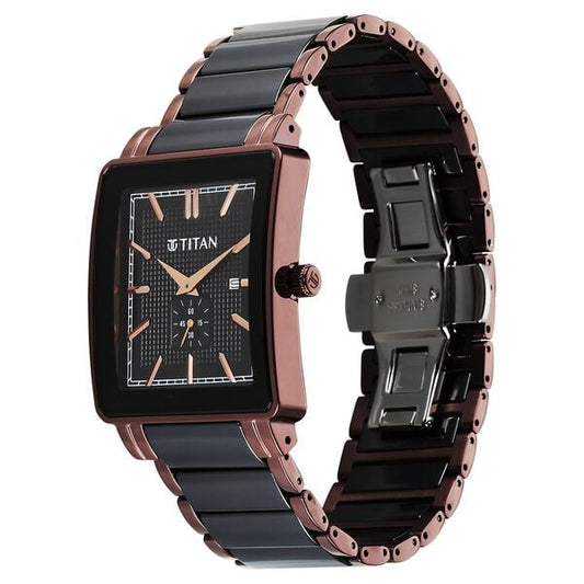 Titan 90013KD06 Regalia Shaped Ceramic Quartz Analog Watch for Men – Black Ceramic & Steel Bracelet, Black Dial, Date Function