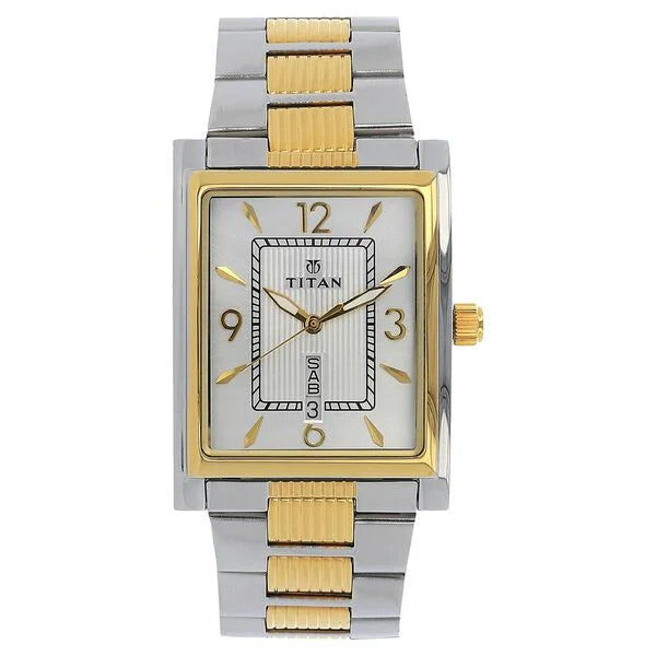 Titan 90024BM03 Men’s Silver Dial Two‑Tone Stainless Steel Strap Quartz Analog Watch – Rectangular Metal Case, Day & Date Display