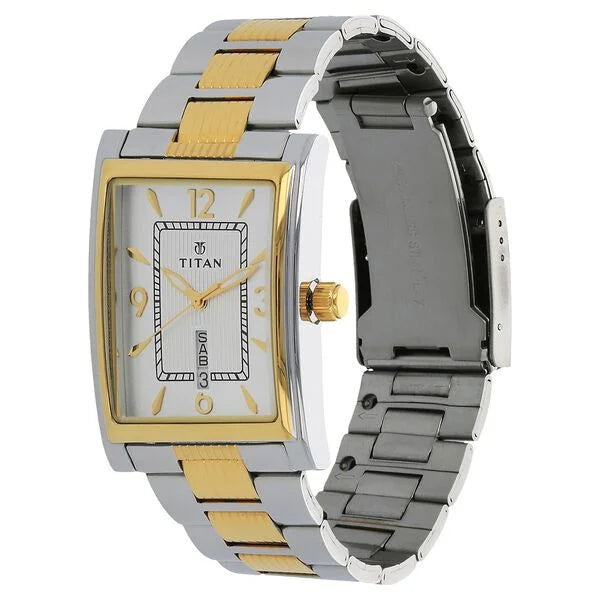 Titan 90024BM03 Men’s Silver Dial Two‑Tone Stainless Steel Strap Quartz Analog Watch – Rectangular Metal Case, Day & Date Display