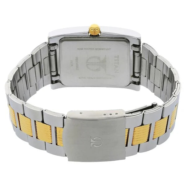 Titan 90024BM03 Men’s Silver Dial Two‑Tone Stainless Steel Strap Quartz Analog Watch – Rectangular Metal Case, Day & Date Display