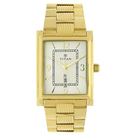 Titan 90024YM07 Champagne Dial Analog Quartz Stainless Steel Men’s Watch – Golden Band, Rectangular Case, Day & Date