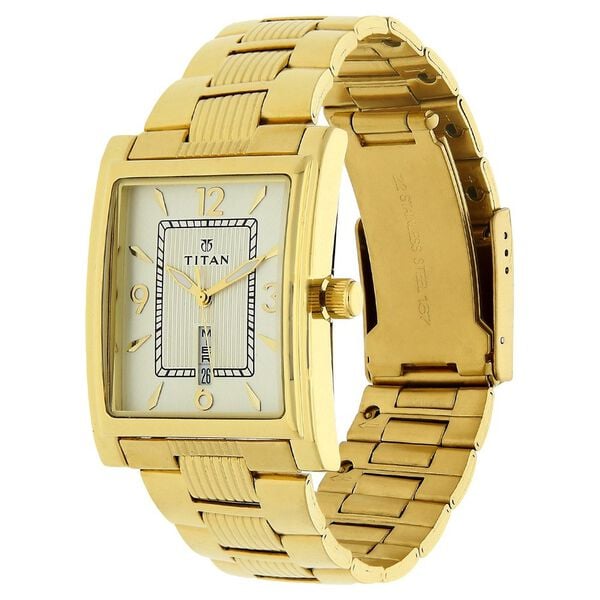 Titan 90024YM07 Champagne Dial Analog Quartz Stainless Steel Men’s Watch – Golden Band, Rectangular Case, Day & Date