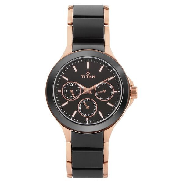 Titan 90089KD02A Men’s Black-Dial Multifunction Watch with Two-Tone Stainless Steel & Ceramic Strap