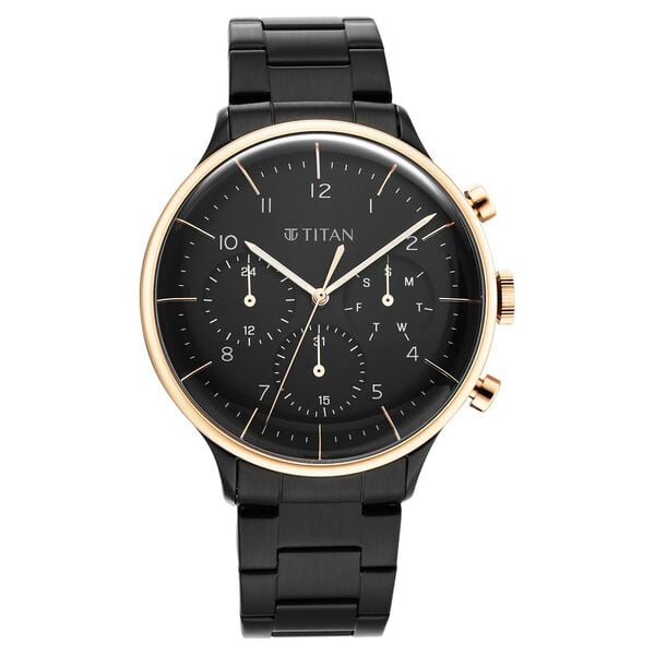 Titan 90102KM01 Men’s Urban Magic Black Dial Black Stainless Steel Strap Quartz Analog Watch – Round Metal Case, Mineral Glass, Push-Button Clasp, Water-Resistant