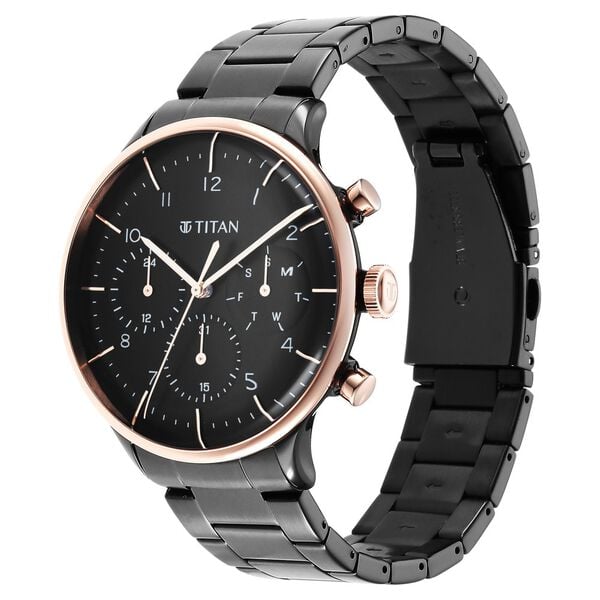 Titan 90102KM01 Men’s Urban Magic Black Dial Black Stainless Steel Strap Quartz Analog Watch – Round Metal Case, Mineral Glass, Push-Button Clasp, Water-Resistant