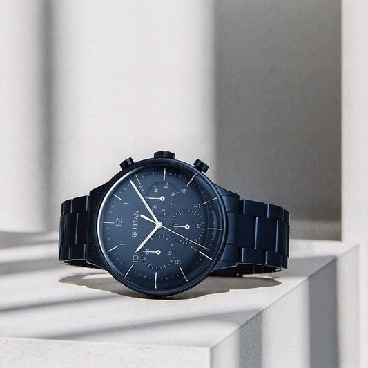 Titan 90102QM01 Men’s Blue-Dial Multifunction Stainless Steel Watch
