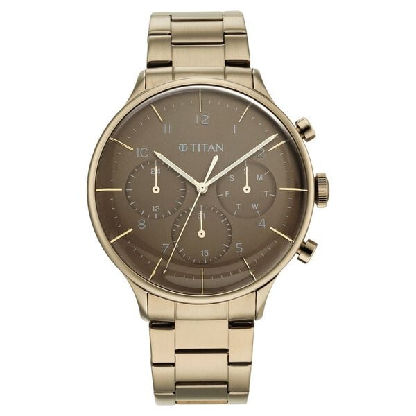 Titan 90102QM02 Men’s Brown Dial Brown Stainless Steel Strap Quartz Multifunction Analog Watch – Round Metal Case, Mineral Glass, Day & Date