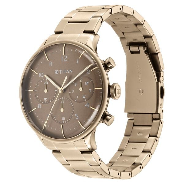 Titan 90102QM02 Men’s Brown Dial Brown Stainless Steel Strap Quartz Multifunction Analog Watch – Round Metal Case, Mineral Glass, Day & Date