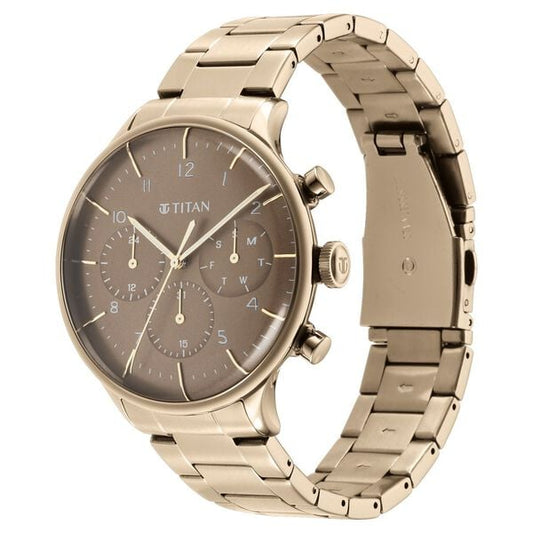 Titan 90102QM02 Men’s Brown Dial Brown Stainless Steel Strap Quartz Multifunction Analog Watch – Round Metal Case, Mineral Glass, Day & Date
