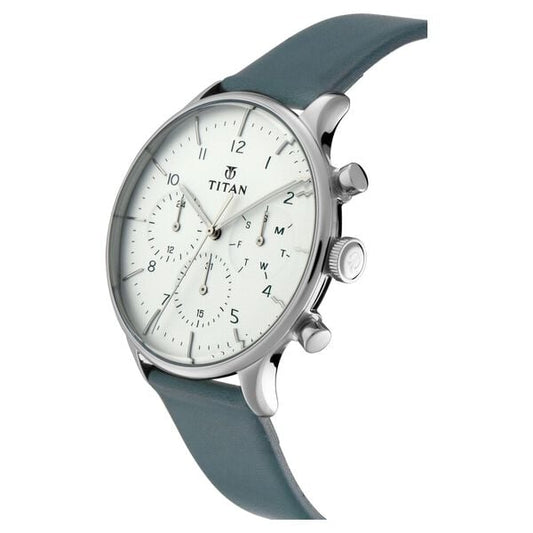 Titan 90102SL03 Men’s White Dial Green(Teal)  Leather Strap Quartz Multifunction Analog Watch – Round Metal Case, Mineral Glass, Buckle Closure