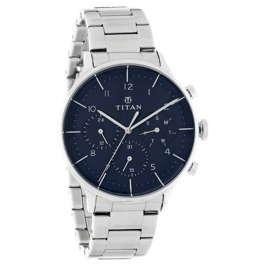 Titan 90102SM01 Blue Dial Analog Watch for Men – Silver Stainless Steel Strap, Quartz Movement