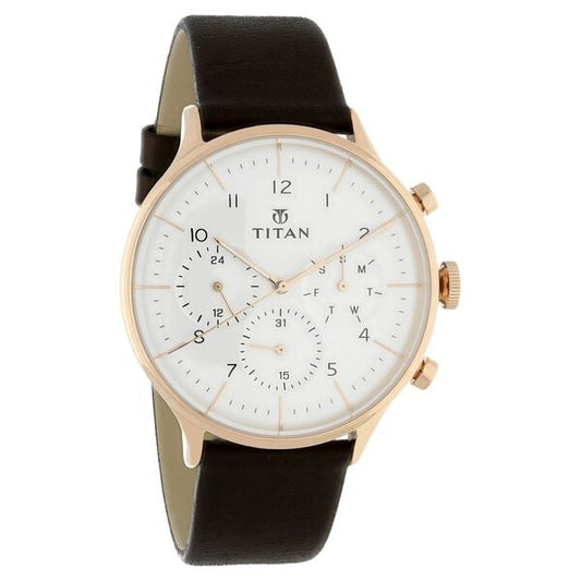 Titan 90102WL01 Classique Quartz Analog Multifunction White Dial Leather Strap Watch – Men