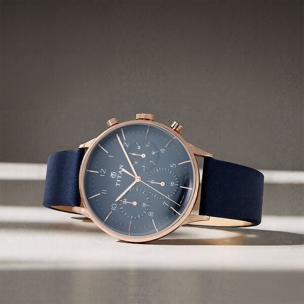 Titan 90102WL02 On Trend Blue Dial Multifunction Analog Quartz Leather Strap Watch – Men