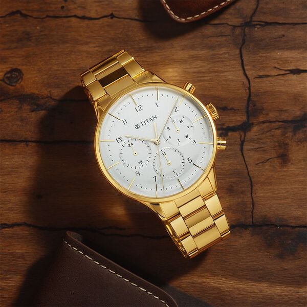 Titan NS90102YM01 Men’s Quartz Multifunction Silver Dial Watch with Gold-Tone Stainless Steel Strap