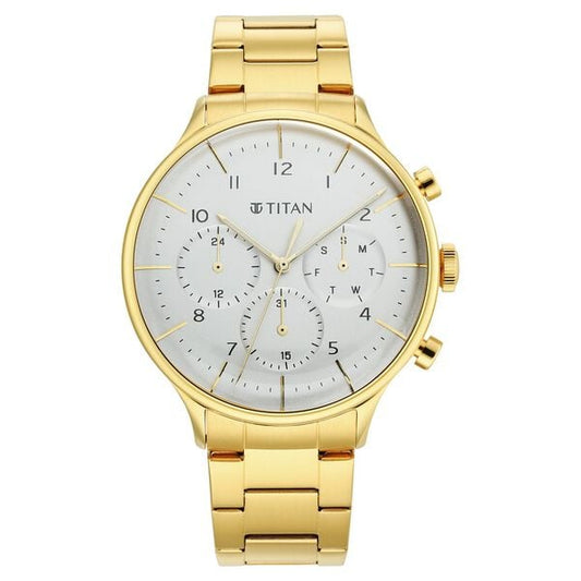 Titan NS90102YM01 Men’s Quartz Multifunction Silver Dial Watch with Gold-Tone Stainless Steel Strap