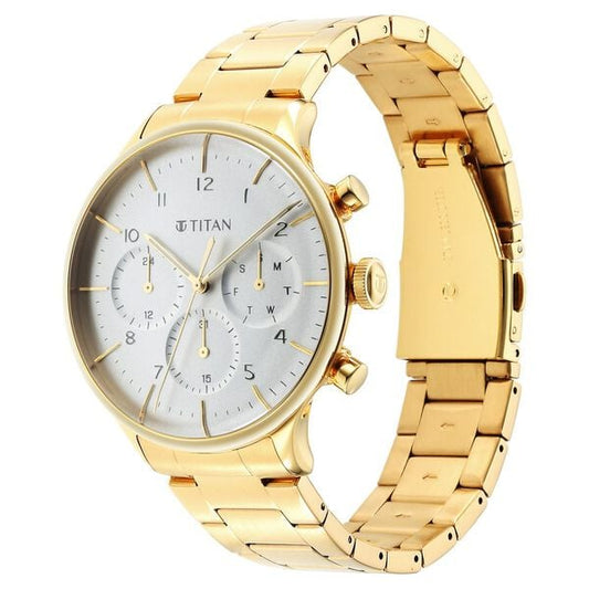 Titan NS90102YM01 Men’s Quartz Multifunction Silver Dial Watch with Gold-Tone Stainless Steel Strap
