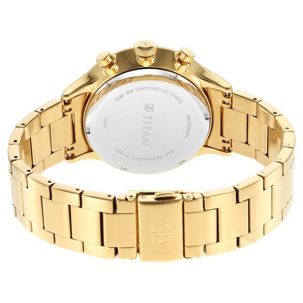Titan 90102YM01 Men’s Silver Dial Golden Stainless Steel Strap Quartz Multifunction Analog Watch – Round Metal Case, Mineral Glass, Push‑Button Clasp
