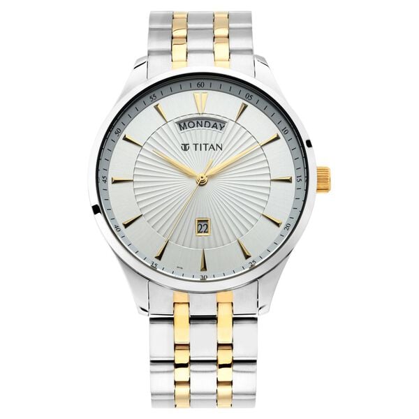 Titan 90127BM01 Men Silver-Dial Two-Tone Stainless Steel Strap Quartz Day-Date Watch