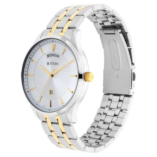 Titan 90127BM01 Men Silver-Dial Two-Tone Stainless Steel Strap Quartz Day-Date Watch