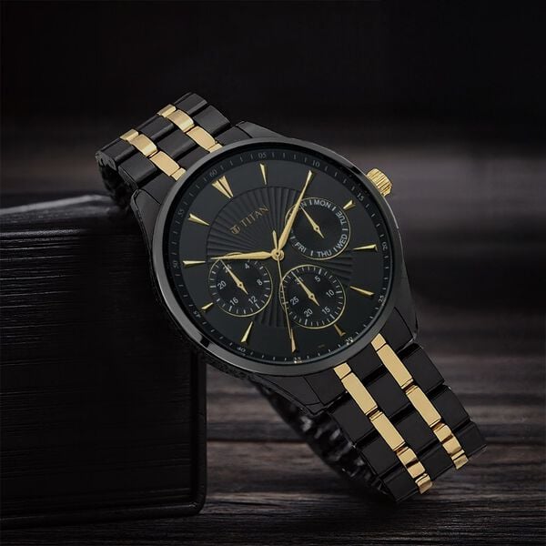 Titan 90127KM01 Men’s Multifunction Black Dial Watch with Black & Gold Stainless Steel Strap