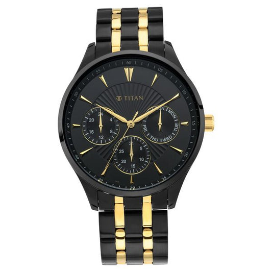 Titan 90127KM01 Men’s Multifunction Black Dial Watch with Black & Gold Stainless Steel Strap